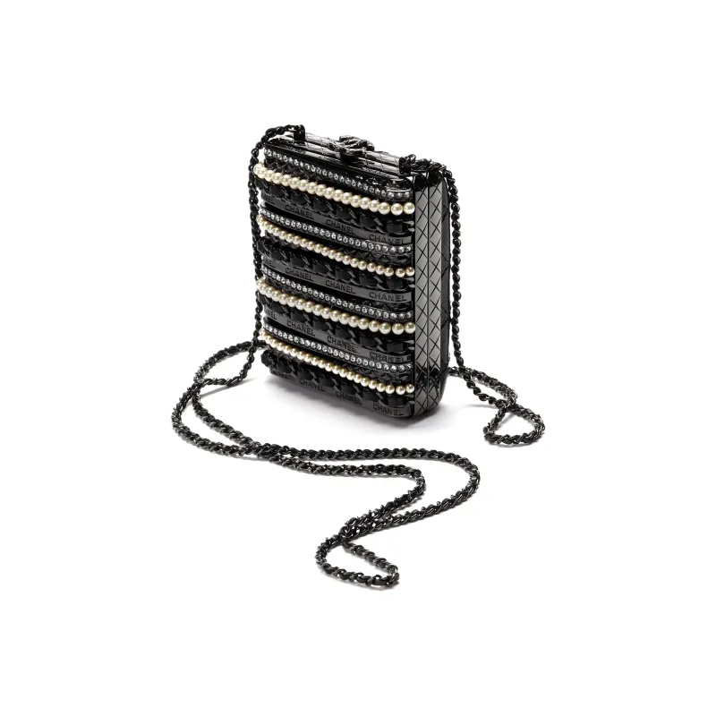 CHANEL 22K Autumn And Winter Lambskin Rhinestone Pearl Evening Bag, Shoulder Bag, Crossbody Bag Trumpets Women's Black-1