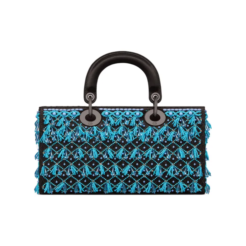 DIOR Lady D-JOY Satin Beaded Embroidery Daisie Bag Shoulder Bag Crossbody Bag Handbag Women's Blue/Black-2