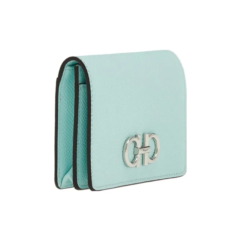 FERRAGAMO GANCINI Textured Cow Leather Card Clip Wallets Women's Light Aqua Green-1