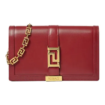 VERSACE Greca Goddess Cow Leather With Lambskin Trim One Shoulder Crossbody Clutch Mini Women's Red
