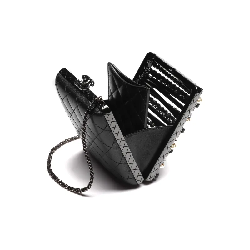 CHANEL 22K Autumn And Winter Lambskin Rhinestone Pearl Evening Bag, Shoulder Bag, Crossbody Bag Trumpets Women's Black-2