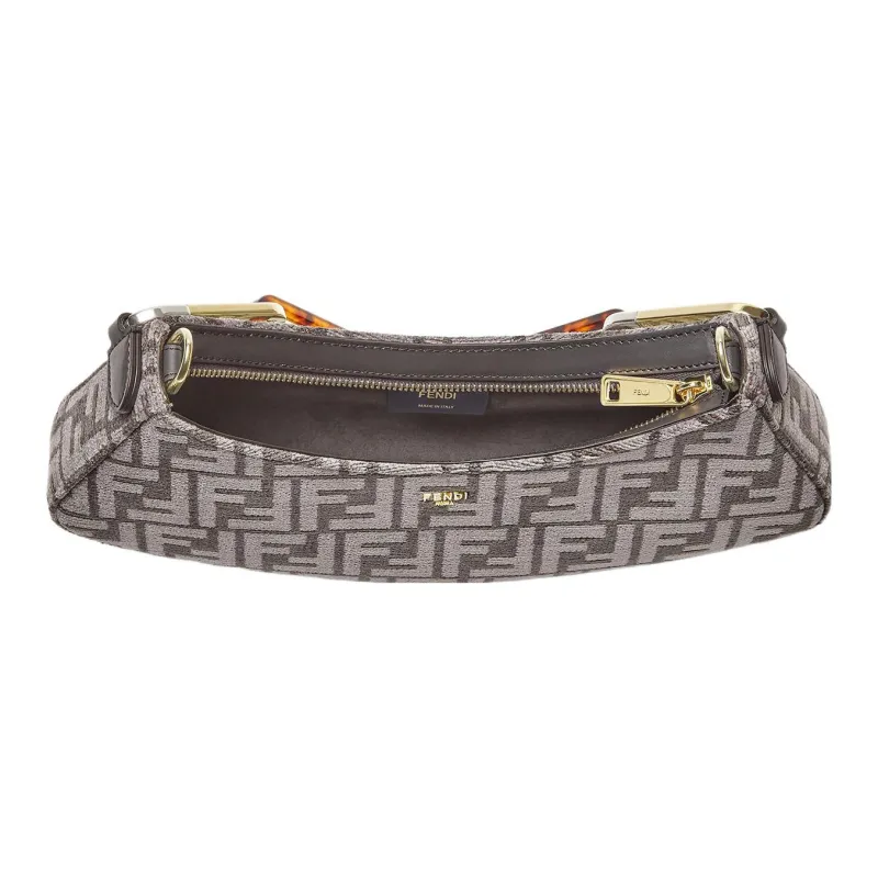 FENDI O'Lock Swing Fabric Cow Leather Patchwork Shoulder Bag Handheld Handbag Shoulder Bag Women's Gray-4