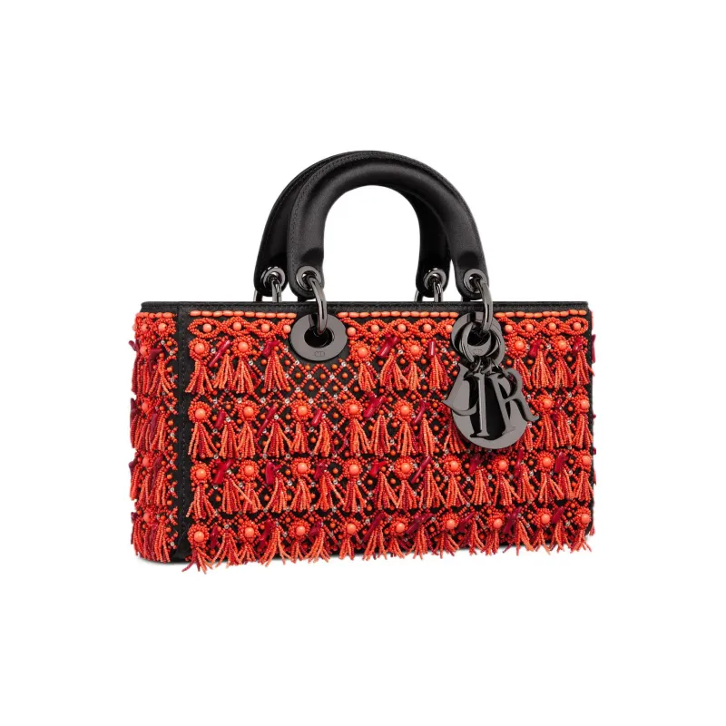 DIOR Lady D-JOY Satin Beaded Embroidery Daisie Bag Shoulder Bag Crossbody Bag Handbag Women's Red-1