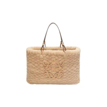 LOEWE Basket Shearling Cow Leather Patchwork Detail Tote Bag Shopping Bag Shoulder Bag Handbag Women's Camel