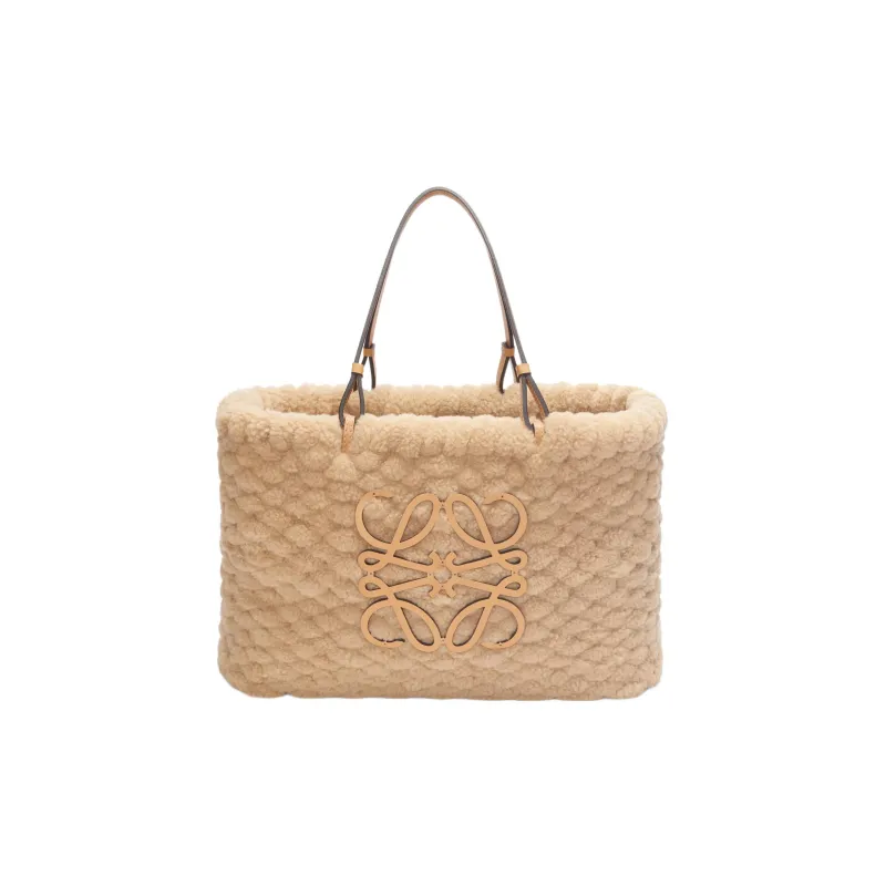 LOEWE Basket Shearling Cow Leather Patchwork Detail Tote Bag Shopping Bag Shoulder Bag Handbag Women's Camel-0