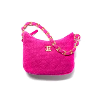 CHANEL 22K Autumn And Winter Twill Soft Tweed & Metal Detail Shoulder Bag, Handbag Women's Peach Pink