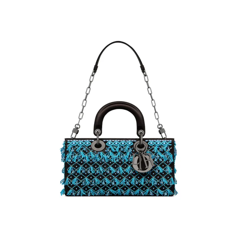 DIOR Lady D-JOY Satin Beaded Embroidery Daisie Bag Shoulder Bag Crossbody Bag Handbag Women's Blue/Black-4