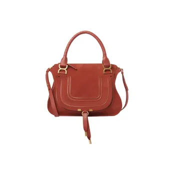 Chloe Marcie Suede Studded Calfskin Shoulder Bag Crossbody Bag Handbag Medium Size Women's Orange Red