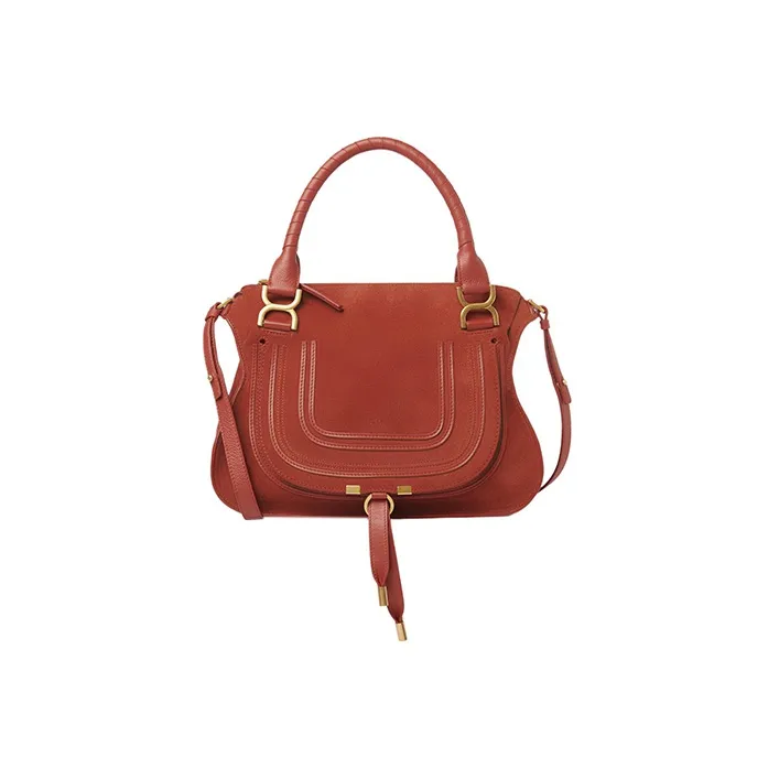 Chloe Marcie Suede Studded Calfskin Shoulder Bag Crossbody Bag Handbag Medium Size Women's Orange Red-0