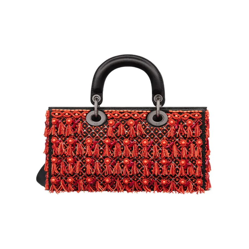DIOR Lady D-JOY Satin Beaded Embroidery Daisie Bag Shoulder Bag Crossbody Bag Handbag Women's Red-2