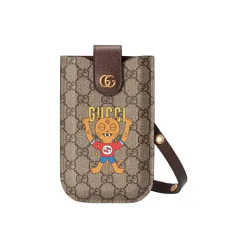 GUCCI Canvas With Leather Shoulder Bag Crossbody Bag Cell Phone Pouch Men's Ebony
