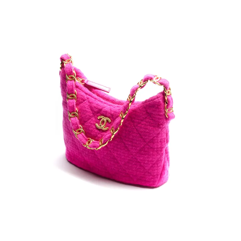 CHANEL 22K Autumn And Winter Twill Soft Tweed & Metal Detail Shoulder Bag, Handbag Women's Peach Pink-1