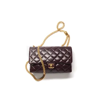 CHANEL 22K Autumn And Winter Sheepskin With Metal Detail Mouth Cover Bag Crossbody Bag Women's Dark Brown