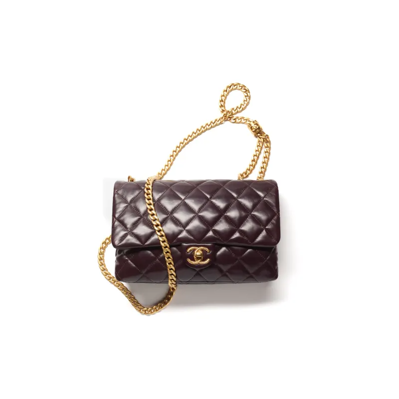 CHANEL 22K Autumn And Winter Sheepskin With Metal Detail Mouth Cover Bag Crossbody Bag Women's Dark Brown-0