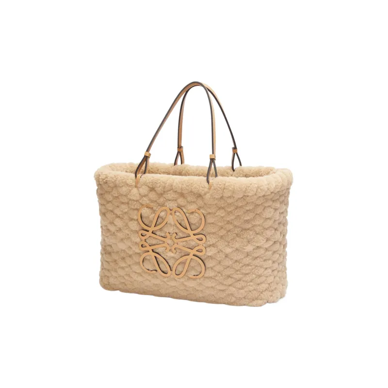 LOEWE Basket Shearling Cow Leather Patchwork Detail Tote Bag Shopping Bag Shoulder Bag Handbag Women's Camel-2