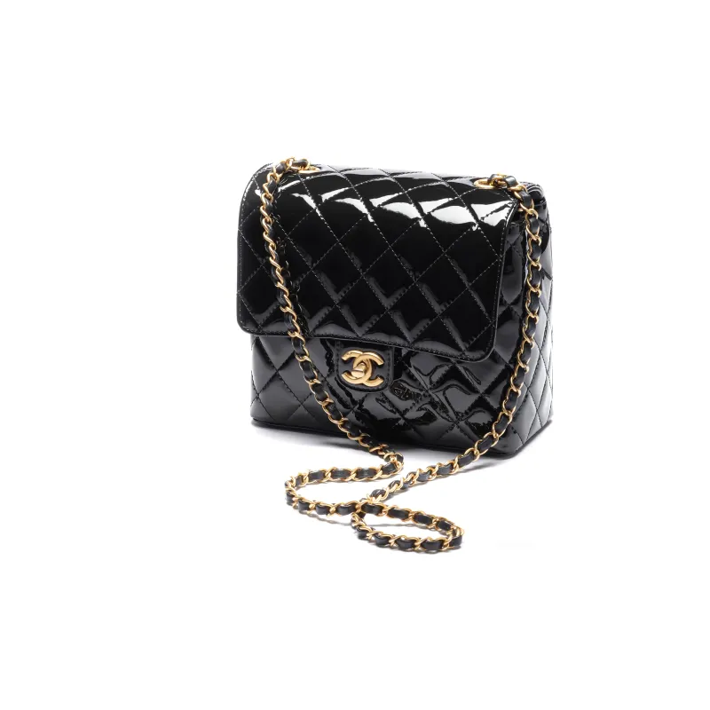 CHANEL 22K Autumn And Winter Patent Leather Calfskin With Gold Metal Flap Crossbody Bag Shoulder Bag Women's Black-1