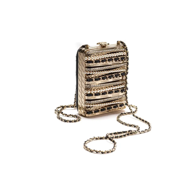 CHANEL 22K Autumn And Winter Lambskin Rhinestone Pearl Evening Bag, Crossbody Bag, Shoulder Bag Trumpets Women's Gold-1
