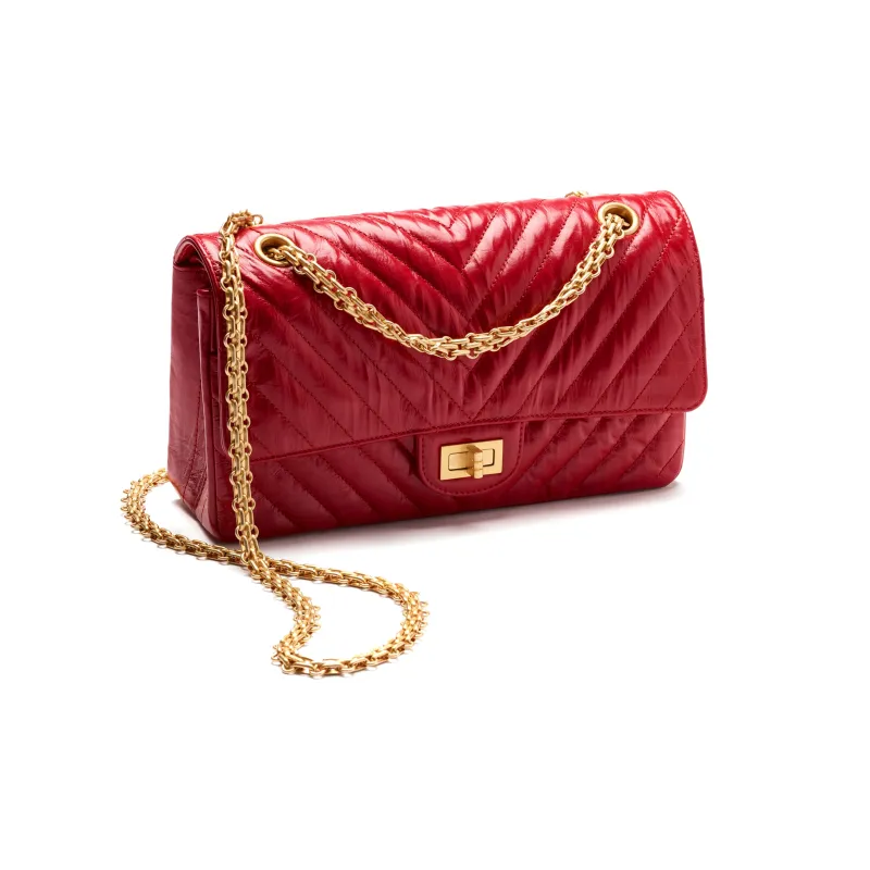 CHANEL 22K Fall Winter 2.55 Bright Pleated Calfskin Shoulder Bag, Crossbody Bag Women's Red-1