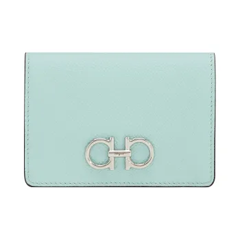 FERRAGAMO GANCINI Textured Cow Leather Card Clip Wallets Women's Light Aqua Green