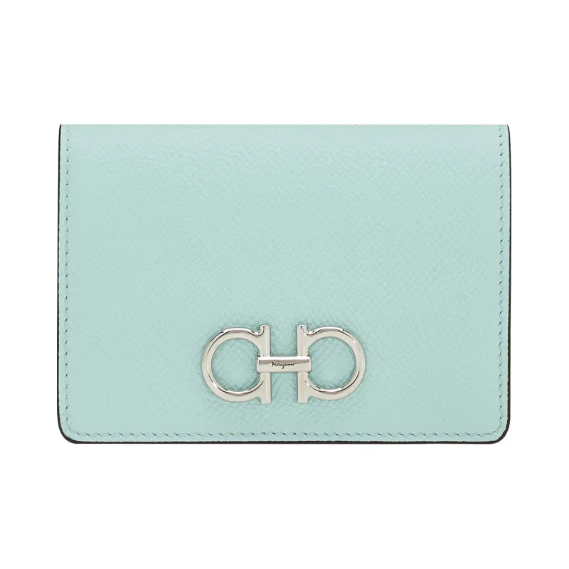 FERRAGAMO GANCINI Textured Cow Leather Card Clip Wallets Women's Light Aqua Green-0