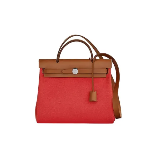 HERMES Herbag Zip Canvas With Leather Shoulder Bag, Crossbody Bag, Handbag Women's Orange Red & Light Tawny