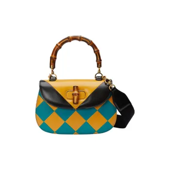 GUCCI Bamboo 1947 Leather Shoulder Bag Crossbody Bag Handbag Medium Size Women's Blue/Yellow/Black