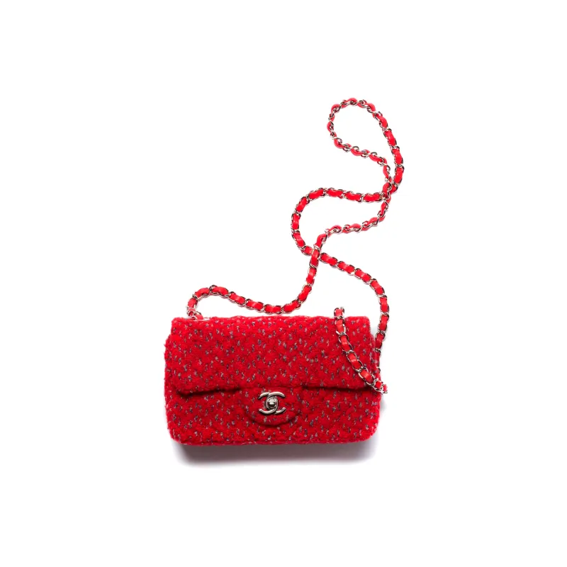 CHANEL Classic Flap CF Wool Twill Soft Woolen Shoulder Bag, Crossbody Bag Mini Women's Red-0