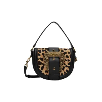 VERSACE JEANS COUTURE Polished Leather With Calf Hair Portable Crossbody Bag, Shoulder Bag Women's Black