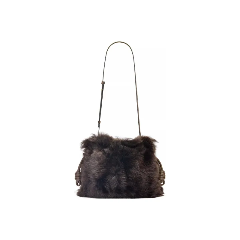 LOEWE Flamenco Shearling Portable One Shoulder Crossbody Clutches Women's Black-3