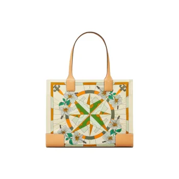 TORY BURCH Ella Leather Tote Bag, Shopping Bag, Handbag, Shoulder Bag Women's Cream White Base With Multicolor Print