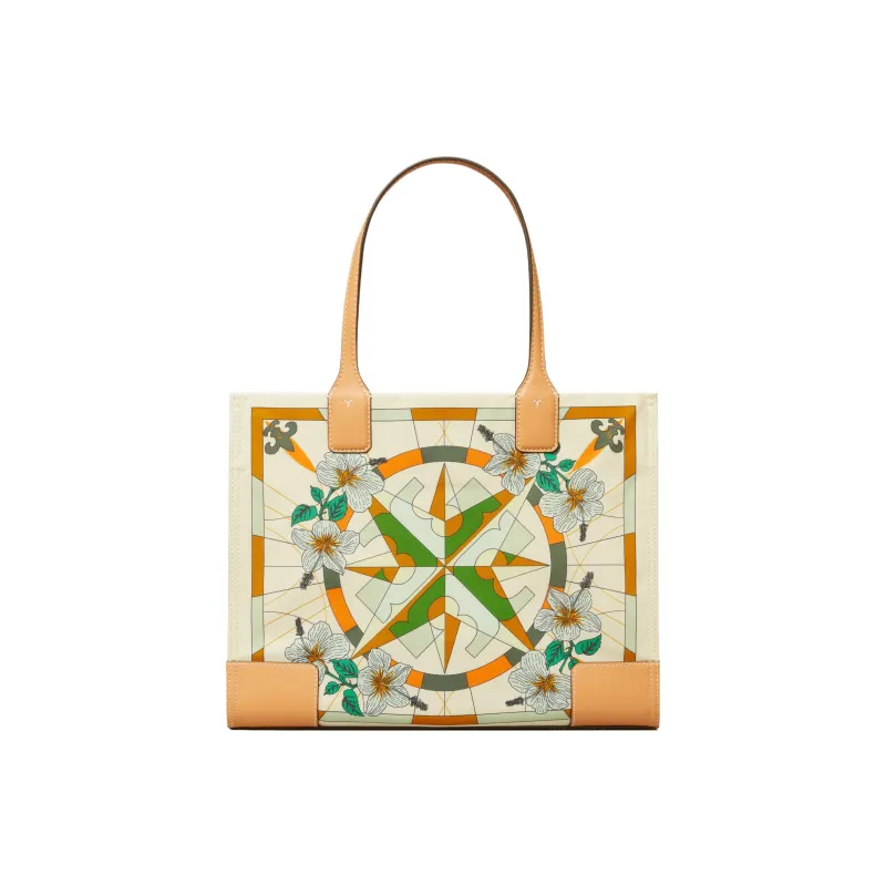 TORY BURCH Ella Leather Tote Bag, Shopping Bag, Handbag, Shoulder Bag Women's Cream White Base With Multicolor Print-0