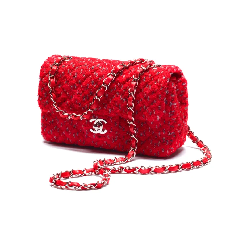 CHANEL Classic Flap CF Wool Twill Soft Woolen Shoulder Bag, Crossbody Bag Mini Women's Red-1