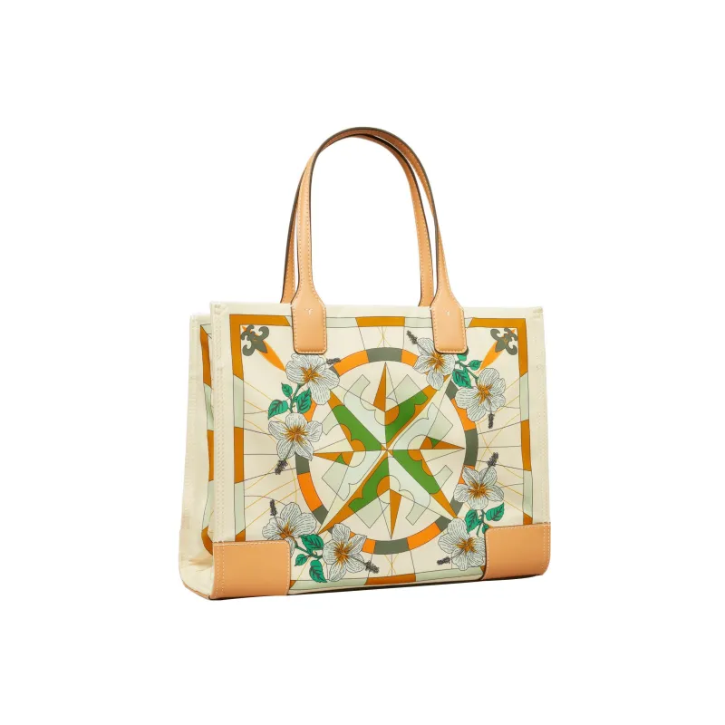 TORY BURCH Ella Leather Tote Bag, Shopping Bag, Handbag, Shoulder Bag Women's Cream White Base With Multicolor Print-1