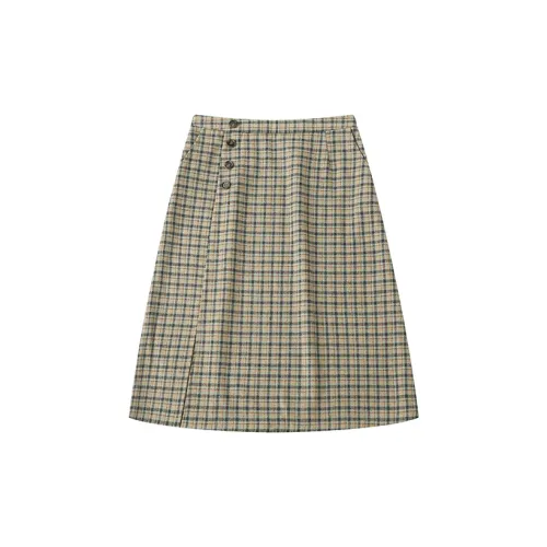 UNRETRO Casual Long Skirts Women's Green And Coffee Plaid