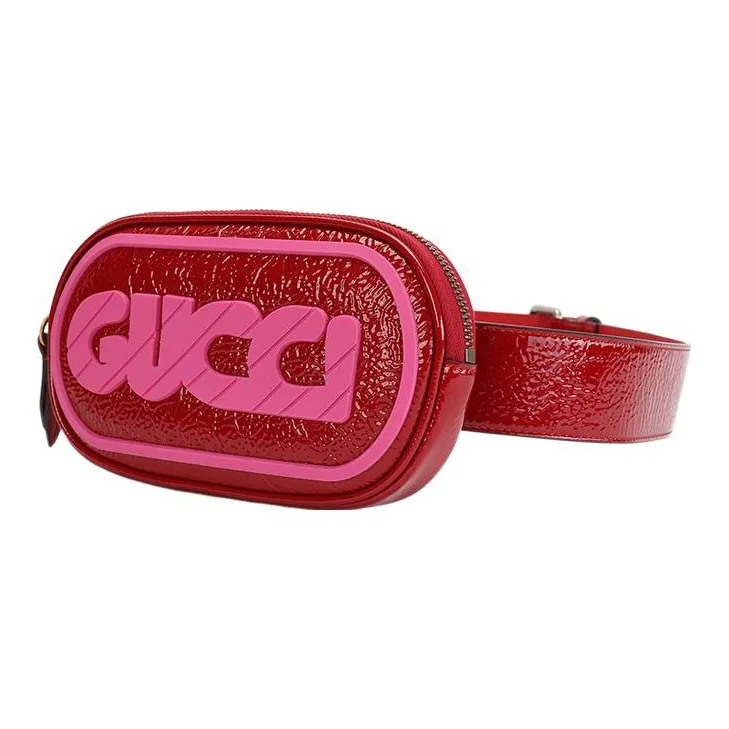 GUCCI Solid Color Leather Sling Bag Fanny Pack Small Size Women's Red/Pink-1