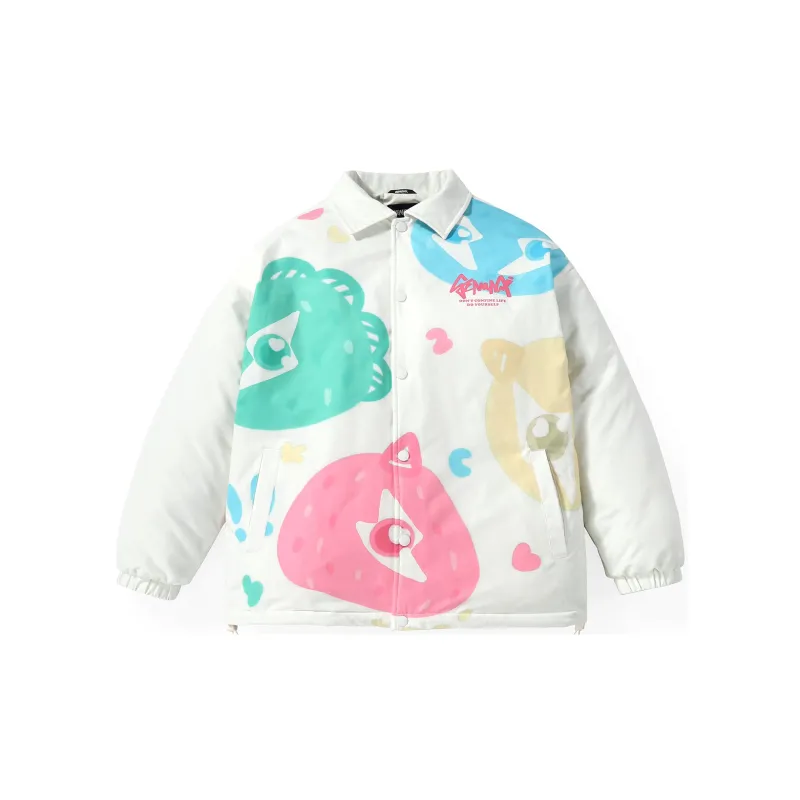GENANX Cartoon Lapel Loose Fit Puffer Jacket Unisex Milk White-2