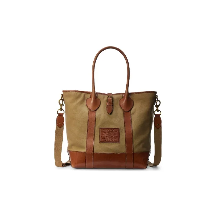 Polo Ralph Lauren Leather Trim Tote Bag Shopping Bag Handbag Men's Khaki-0