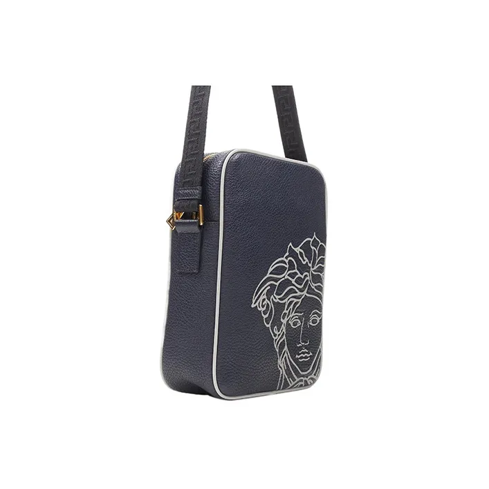 VERSACE Litchi Grain Cow Leather Messenger Bag Crossbody Bag Shoulder Bag Men's Gray-2
