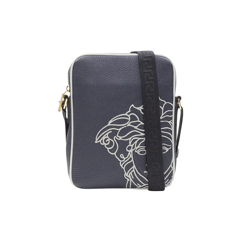 VERSACE Litchi Grain Cow Leather Messenger Bag Crossbody Bag Shoulder Bag Men's Gray-0