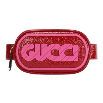 GUCCI Solid Color Leather Sling Bag Fanny Pack Small Size Women's Red/Pink