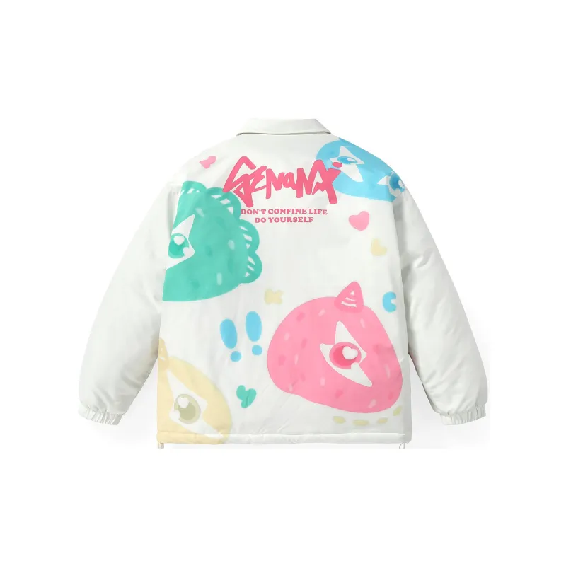 GENANX Cartoon Lapel Loose Fit Puffer Jacket Unisex Milk White-3