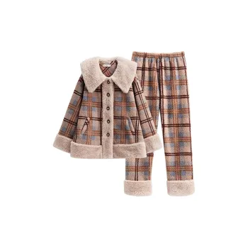 Q'NIANMA Pajama Set Women's Coffee Blue Plaid
