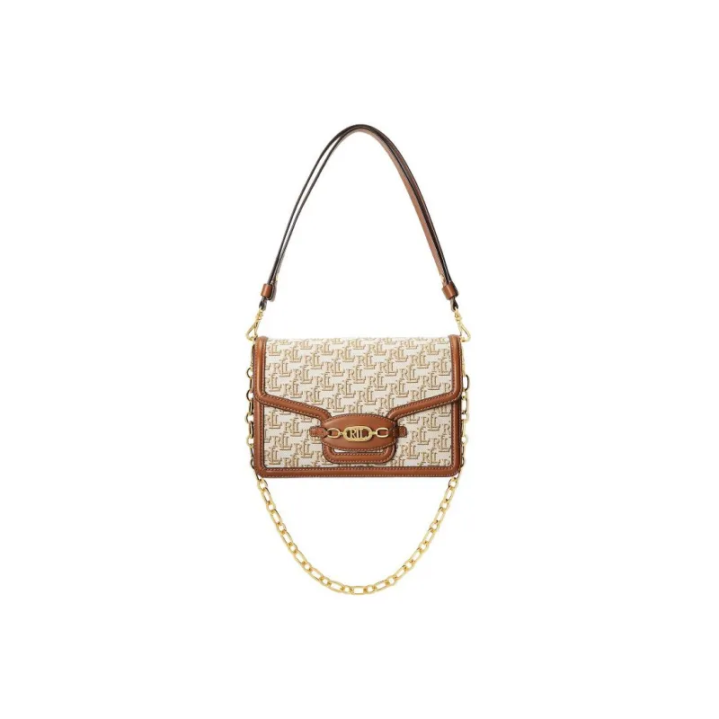 Polo Ralph Lauren Fabric With Cow Leather Patchwork Trim Handbag Shoulder Bag Medium Size Women's Beige/Brown-0