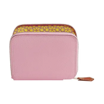 HERMES Silk'In Epsom & Barenia Calfskin Coin Purse Wallet Women's Forest Purple/Lemon/Copper Red