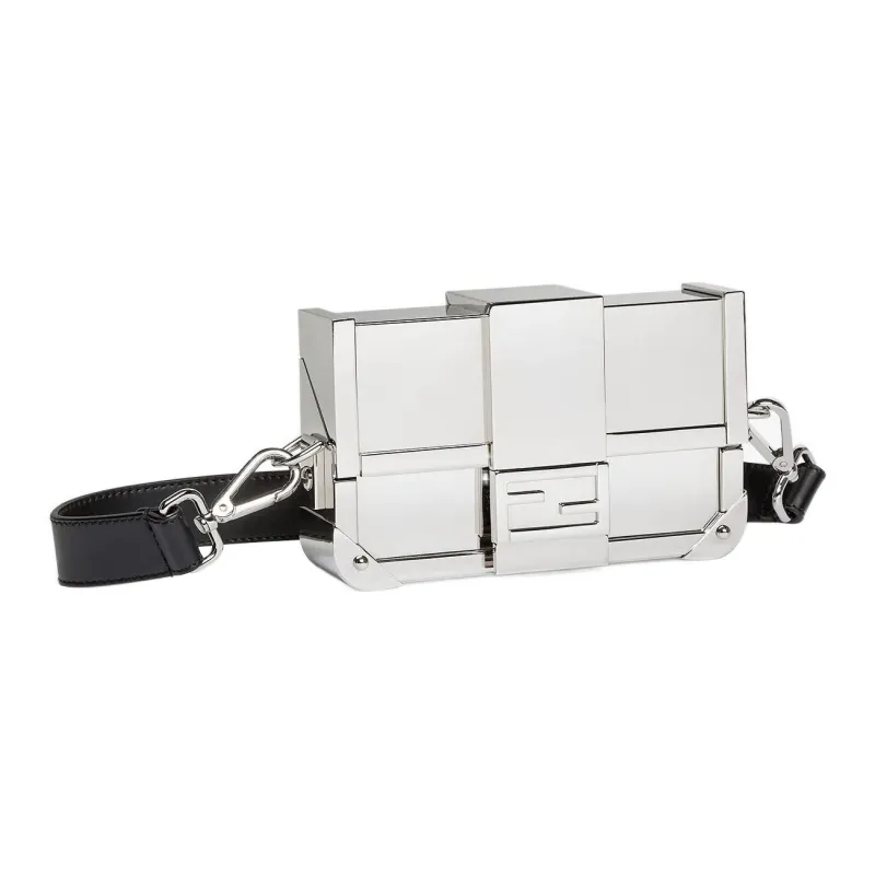 FENDI BaguetteTrunk Cow Leather Detail Shoulder Bag Crossbody Bag Men's Silver-2