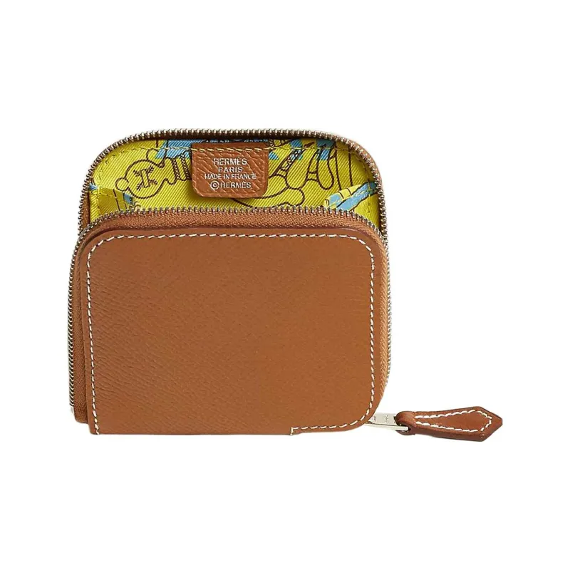 HERMES Silk'In Epsom With Barenia Calfskin Coin Purse Women's Gold/Lemon Yellow/Sky Blue-0