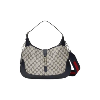 GUCCI Jackie 1961 Canvas With Leather Trim Crescent Shoulder Bag Shoulder Bag Women's Gray Blue Multicolor