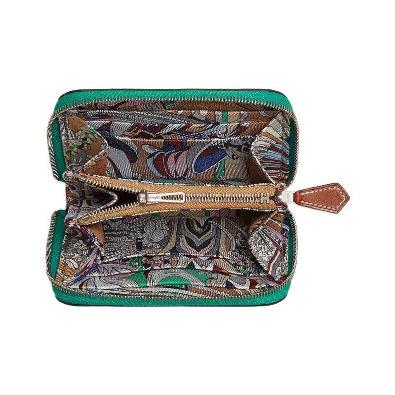 HERMES Silk'In Epsom Calfskin Card Holders Coin Purses Wallets Women's Jade Green/Tea Brown-1