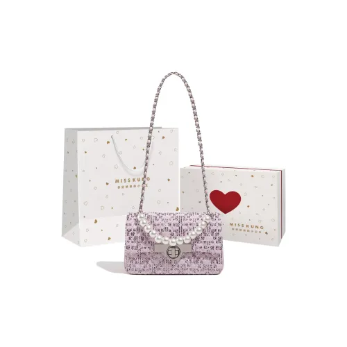 Miss Kung Woven Cotton With Leather Chain Crossbody Bag Pearl Crossbody Bag Small Size Women's Lace Purple Pink