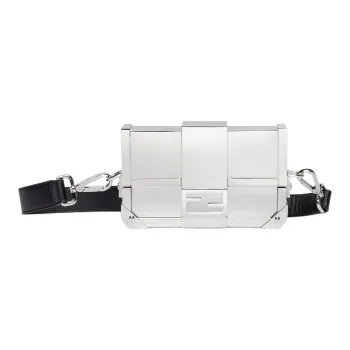 FENDI BaguetteTrunk Cow Leather Detail Shoulder Bag Crossbody Bag Men's Silver